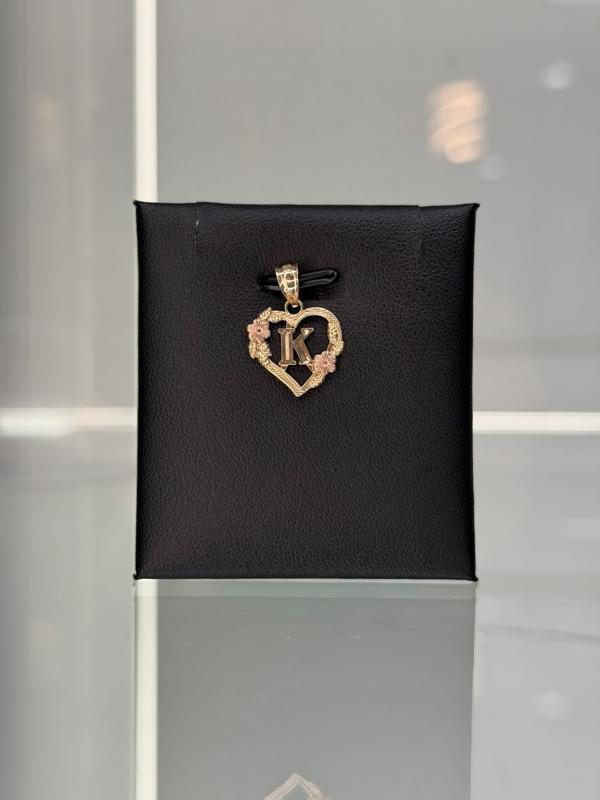 14KT Gold Heart Letters A-Z with Flowers Delicate and Beautiful