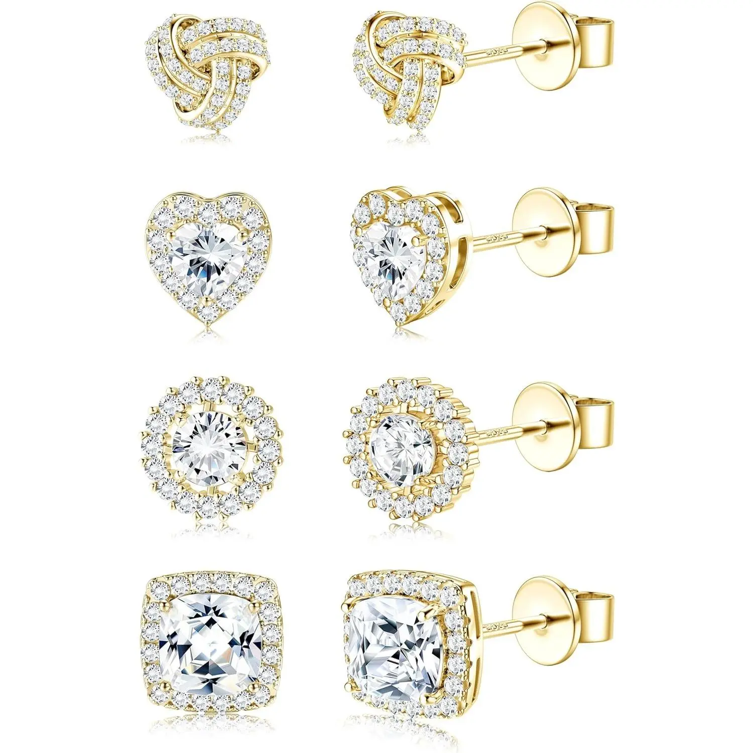 4 Pairs Trendy Sterling Silver CZ Stud Earrings for Women 14K Waterproof Gold Plated Brilliant Celtic Heart Big Stud Earrings Set Cubic Zirconia Earrings Studs for Sensitive Ear, Heart Shaped Earrings, Artificial Zirconia Earrings, Jewelry For Women