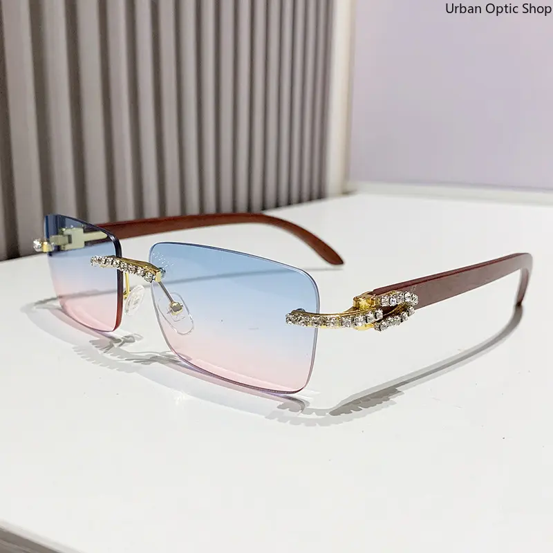 XUH Rimless Color-Tinted Sunglasses for Women & Men - Edgeless, Jeweled, Chic UV400 Protection Eyewear with Diamond Decor, Wood Grain Temples for Parties, Streetwear, Edgeless Men's Sunglasses, Jeweled Men's Sunglasses