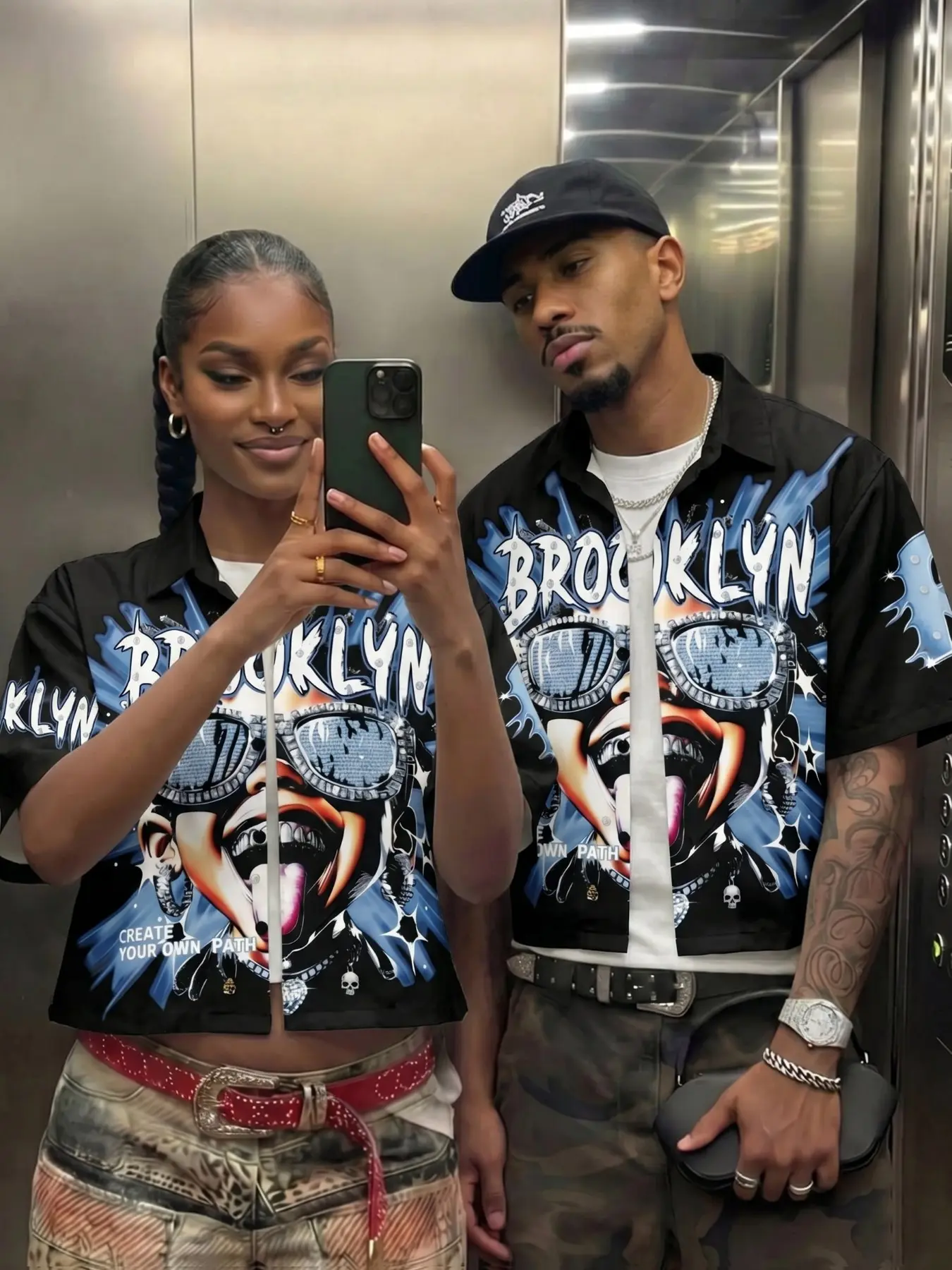 Matching Couple Black "Brooklyn" Graphic Cuban Collar Casual Shirts, Matching Outfits, Oversized & Cropped Streetwear Sets with blue flame & diamond sunglasses print, "Create Your Own Path" slogan, date nights, couple looks, Loose, Baggy, Street Vibe