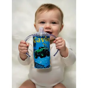 Personalized Monster Truck Kids Cup – Custom 12oz Sippy or Tumbler with Name, Colorful Tire Track Design, Gift for Boys or Toddlers