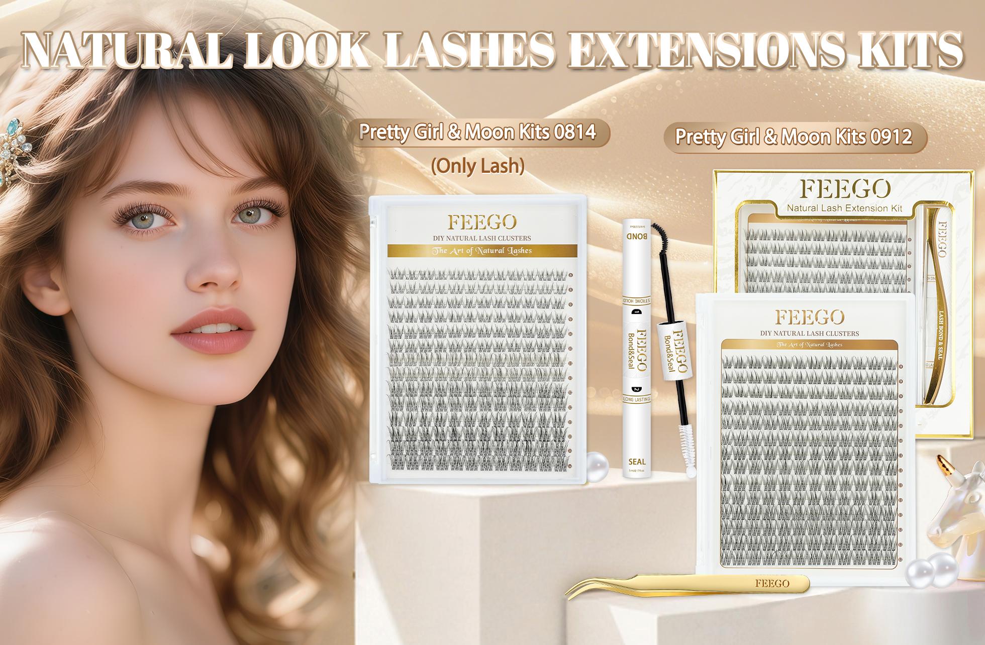 FEEGO Natural Look Lash Extensions Kit Individual Lash Clusters 9-12mm Waterproof Wispy Short C Curl Super Thin Band with Bond & Seal Tweezer for DIY Eyelash Extension at Home Beginners friendly Women&Girls Cosmetic Makeup