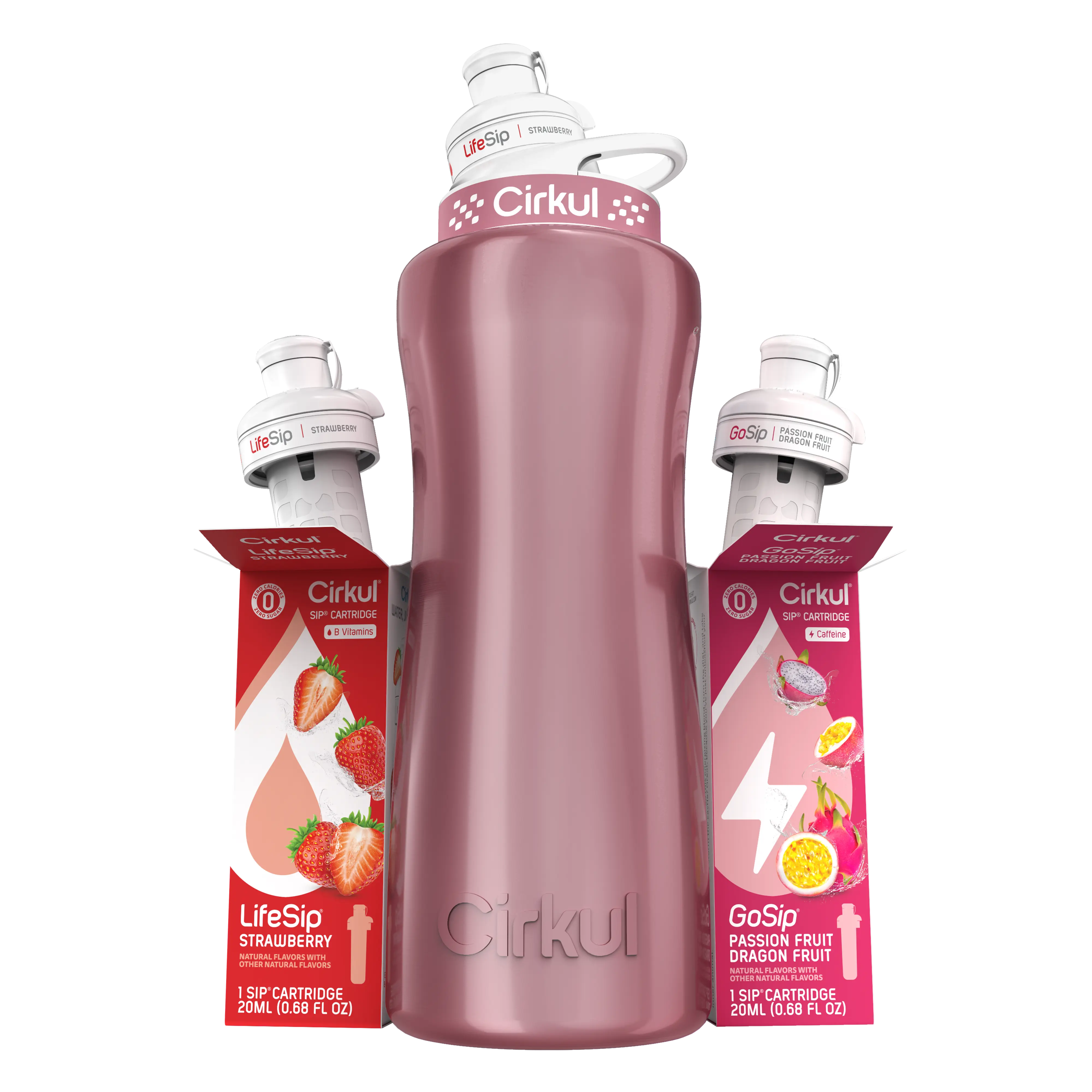 Cirkul 32oz. Rose Gold Metallic Stainless Steel Water Bottle Starter Kit with Pink Lid, 2 Flavor Cartridges (1 LifeSip Strawberry and 1 GoSip Passion Fruit Dragon Fruit), Zero Calories and No Sugar