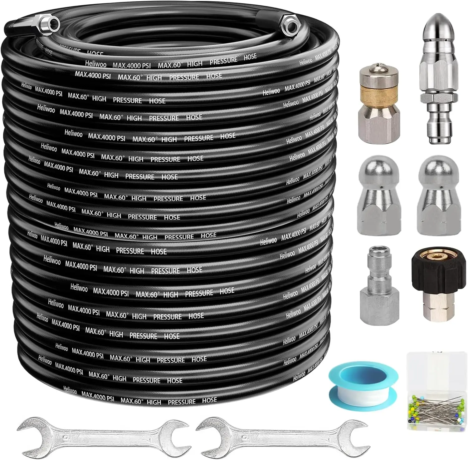 Sewer Jetter Kit for Pressure Washer, 1/4 Inch NPT Jet Drain Cleaner Hose with Rotating & Button Nose Nozzles, 4000 PSI Power Tool for Plumbing Maintenance