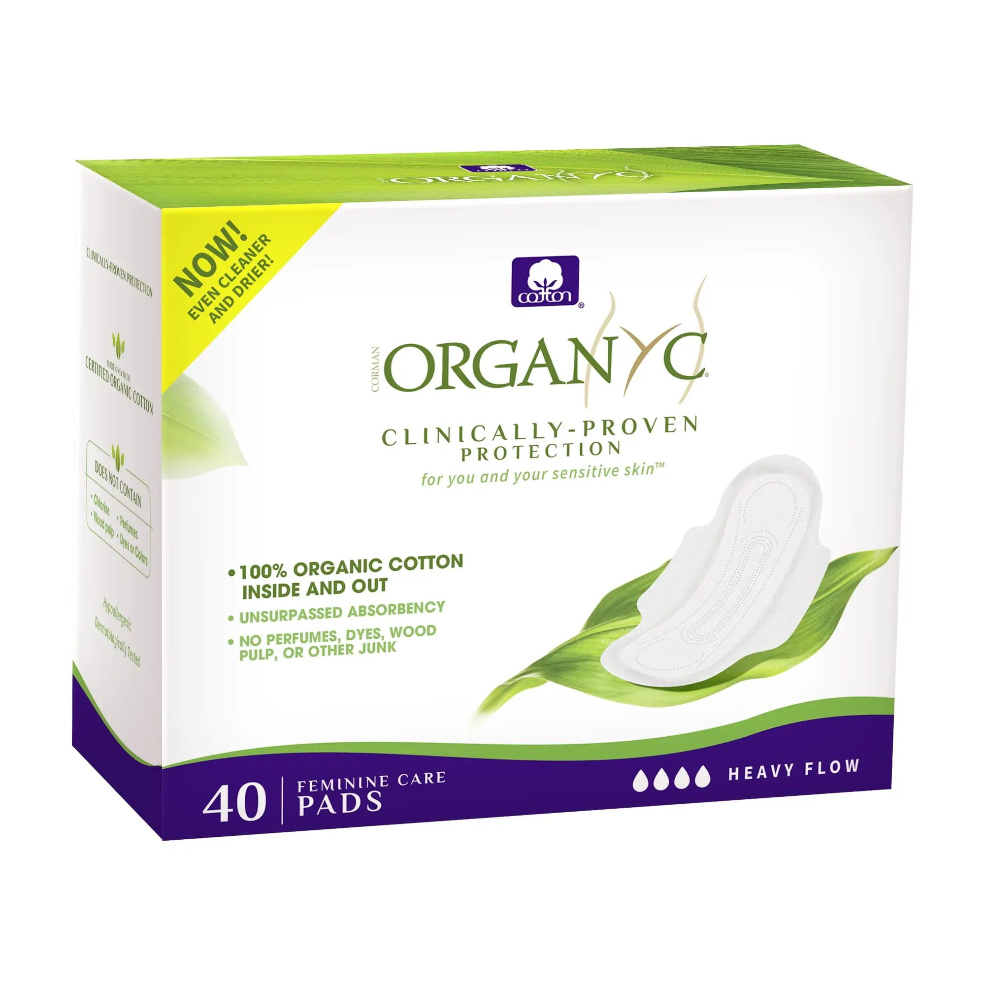 Organyc Unscented 100% Certified Organic Cotton Feminine Pads, Heavy Flow Sanitary Napkins, 40-Count, New Larger Size Packaging, Hypoallergenic Pads, Liners & Protectors