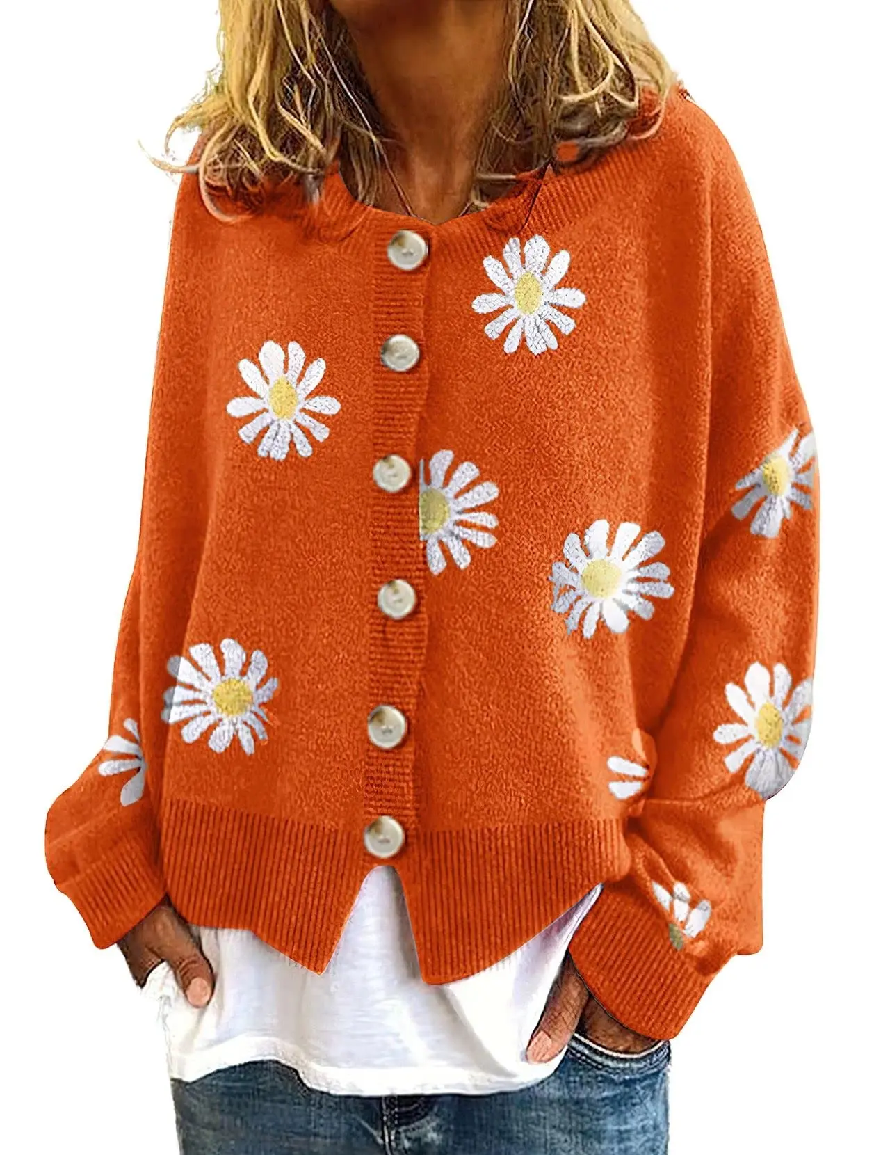 Chouyatou Lady's Vintage Floral Round Neck Crop Cardigan, Cable Knitting Casual Top, Oversized Checkerboard Knit Outwear for Fall Outfits, Tops, Cardigans, Party, Crew Neck, Nylon, Soft Skin, Basics, Cable Knit Texture, Cropped Sweet Print, Knitwear, Casu