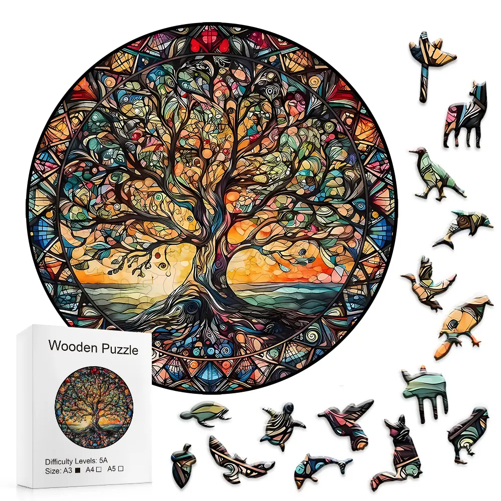 Circular Stained Glass Tree of Life Wooden Puzzle - Intricate Mosaic Details, Vibrant Colors, Symbolic Design - Ideal for Art Lovers, Puzzles for Adults