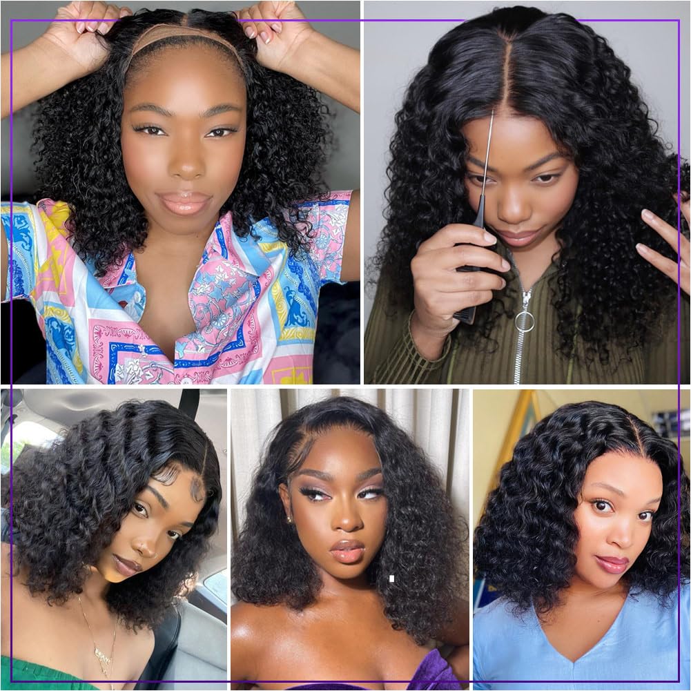Water Wave Bob Wig Human Hair 13X4 Wear And Go Glueless Wigs Human Hair Pre Plucked Pre Cut Deep Wave Lace Front Closure Wigs For Black Women 200 Density Curly Wig Glueless Wear And Go Black 12 Inch