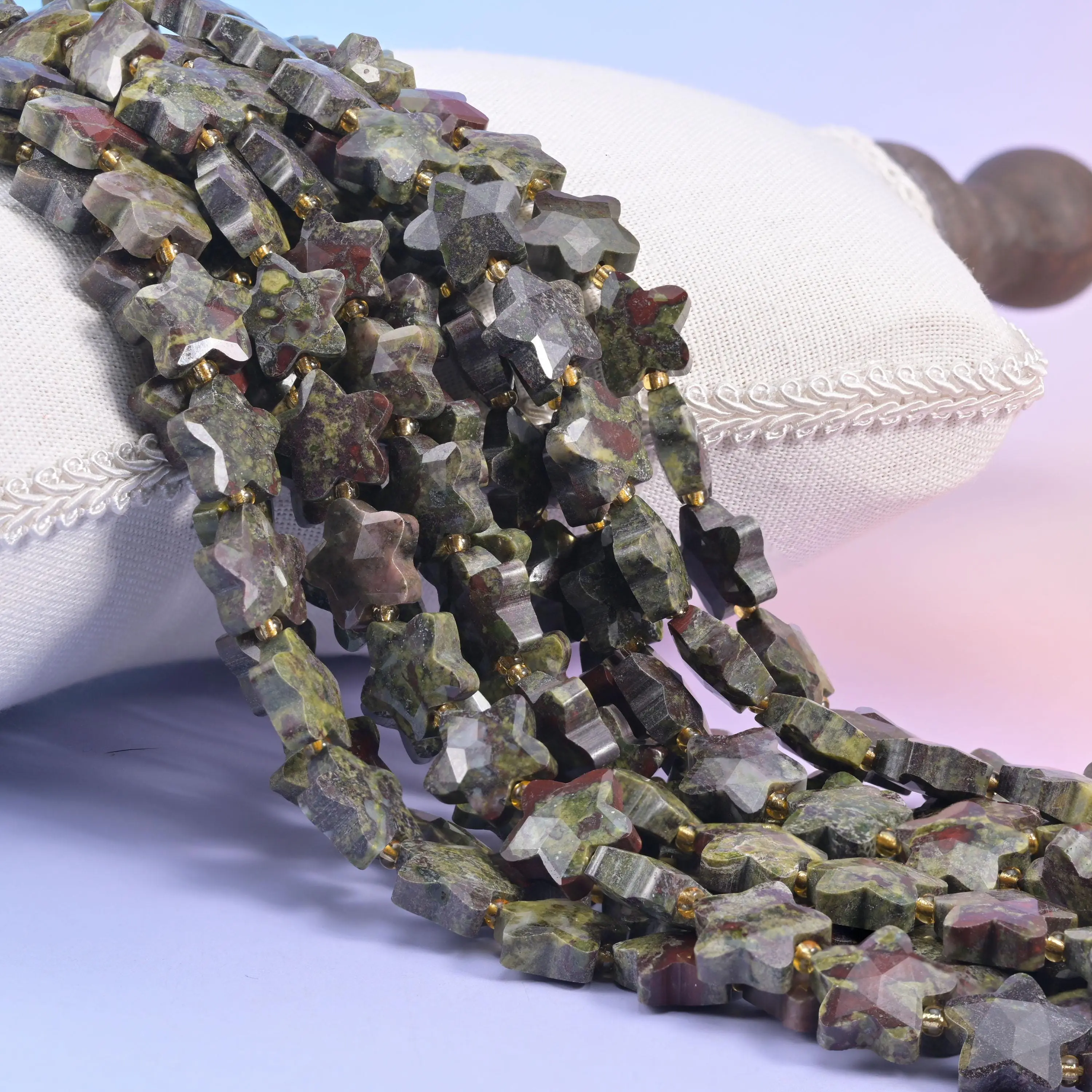 Faceted 5-Pointed Star Dragon Bloodstone Beads - 14mm, Center Drilled, 27 Beads, 15.5in Strand, Luxurious DIY Beading Supplies for DIY Jewelry Projects