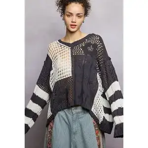 Long Sleeve Color Block Stripe Rib Band Thin Sweater Top