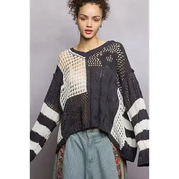 Long Sleeve Color Block Stripe Rib Band Thin Sweater Top