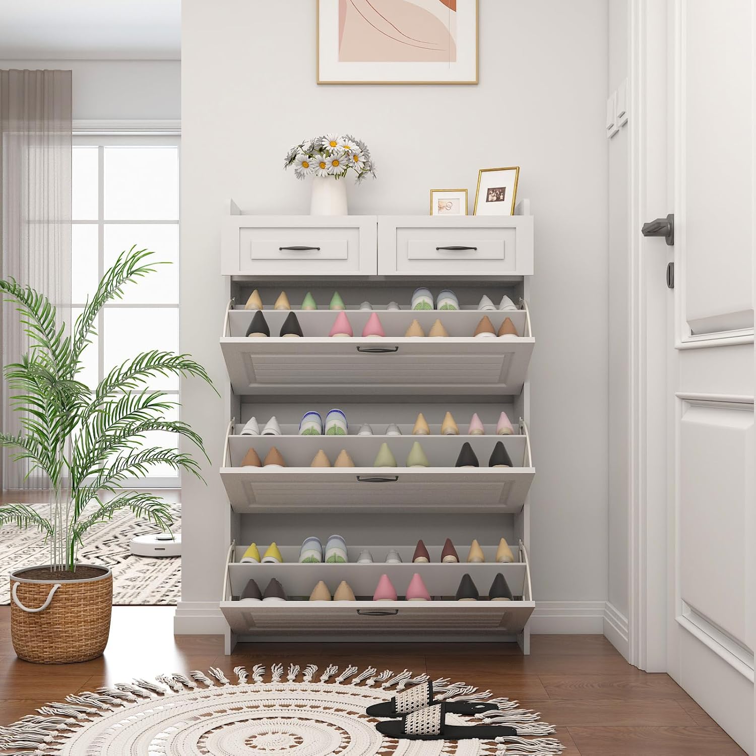 Spaco White Shoe Cabinet for Entryway, Freestanding Shoe Storage Cabinet,Wood Slim Hidden Shoe Rack Cabinet, Shoe Organizer Cabinet with 3 Flip Drawers & 2 Sliding Drawers for Closet, Hallway Spaco White Shoe Cabinet for Entryway, Freestanding Shoe Storage Cabinet,Wood Slim Hidden Shoe Rack Cabinet, Shoe Organizer Cabinet with 3 Flip Drawers & 2 Sliding Drawers for Closet, Hallway