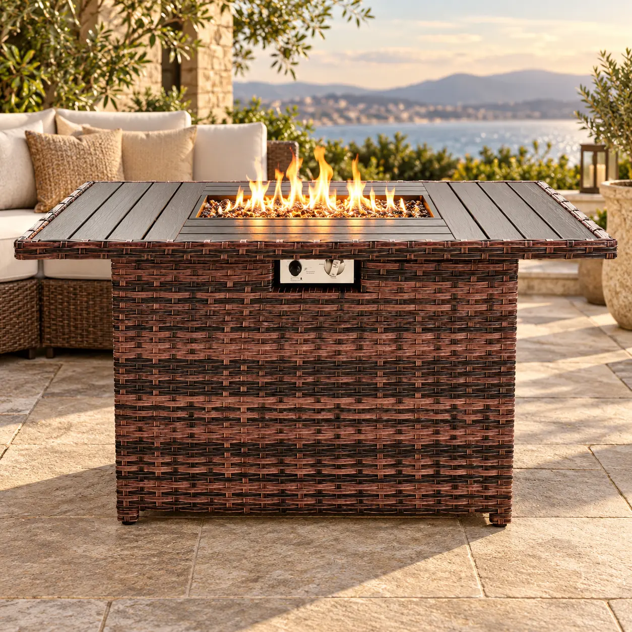 【SohoChic Sale】AMOPATIO 44" Rectangular Propane Fire Pit Table, 55,000 BTU Outdoor Gas Patio Heater with Glass Wind Guard, Modern Stainless Steel Resin Fire Table for Backyard Deck Patio