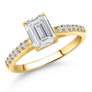 Gem Stone King 1.24 Cttw IGI Certified Lab Grown Diamond in 10K Yellow Gold Engagement Ring For Women | Emerald Cut Center Diamond 1 Ct | D-E Color | VS1 Clarity