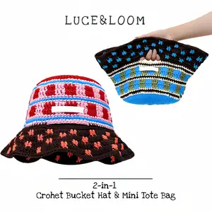 LUCE&LOOM | 2-in-1 Crochet Bucket Hat & Mini Tote Bag | Vibrant Blue & Red Knit Hat | Versatile Boho Sun Hat For Women |  Handmade Foldable Festival Accessory