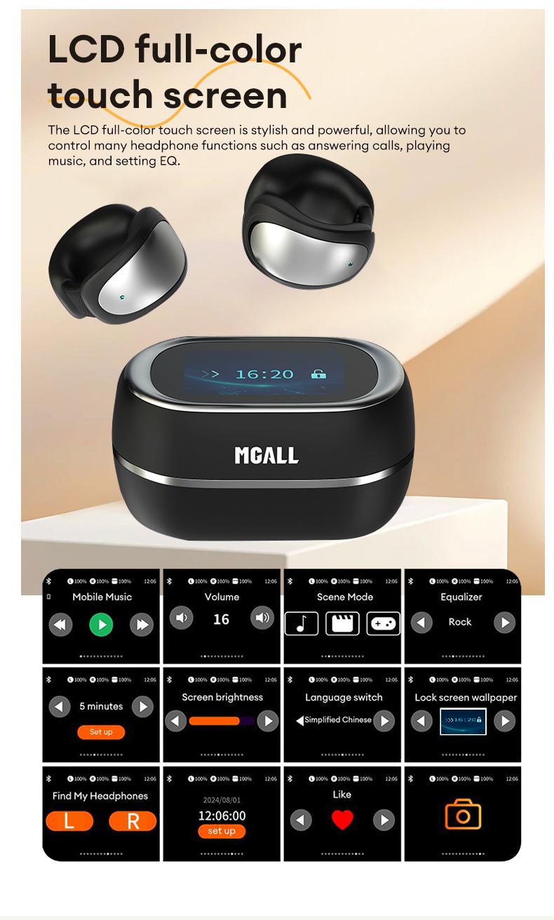 MGALL C100 Multifunctional Clip-On Wireless Headphones with 2025 Bluetooth 6.0, LED Touch Screen, Prevent Earphone Loss, Audio Earbuds for Music & Calls, Ideal Gift for Men & Women