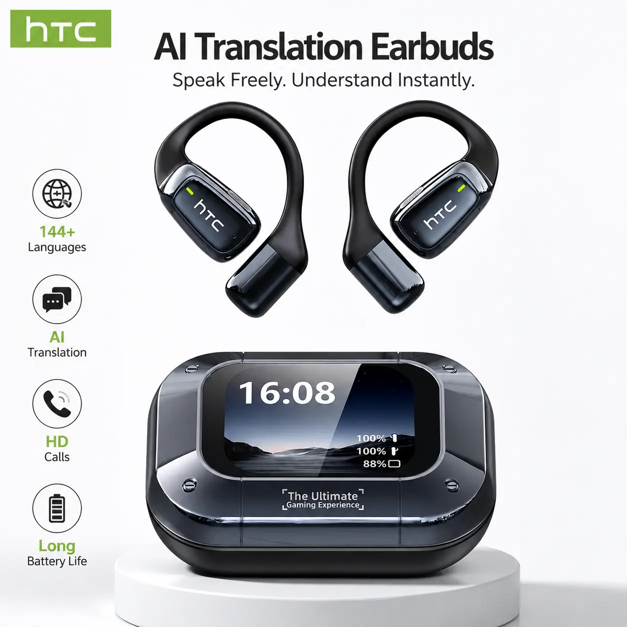 HTC NE25 Translation Earbuds, Real-time Translation, Open Wireless Bluetooth Headphones, Supports 134 Languages ​​with App, Vibrant Color Touchscreen, OWS Technology, Integrated Microphone, High-Quality Sound, Compatible with iOS and Android
