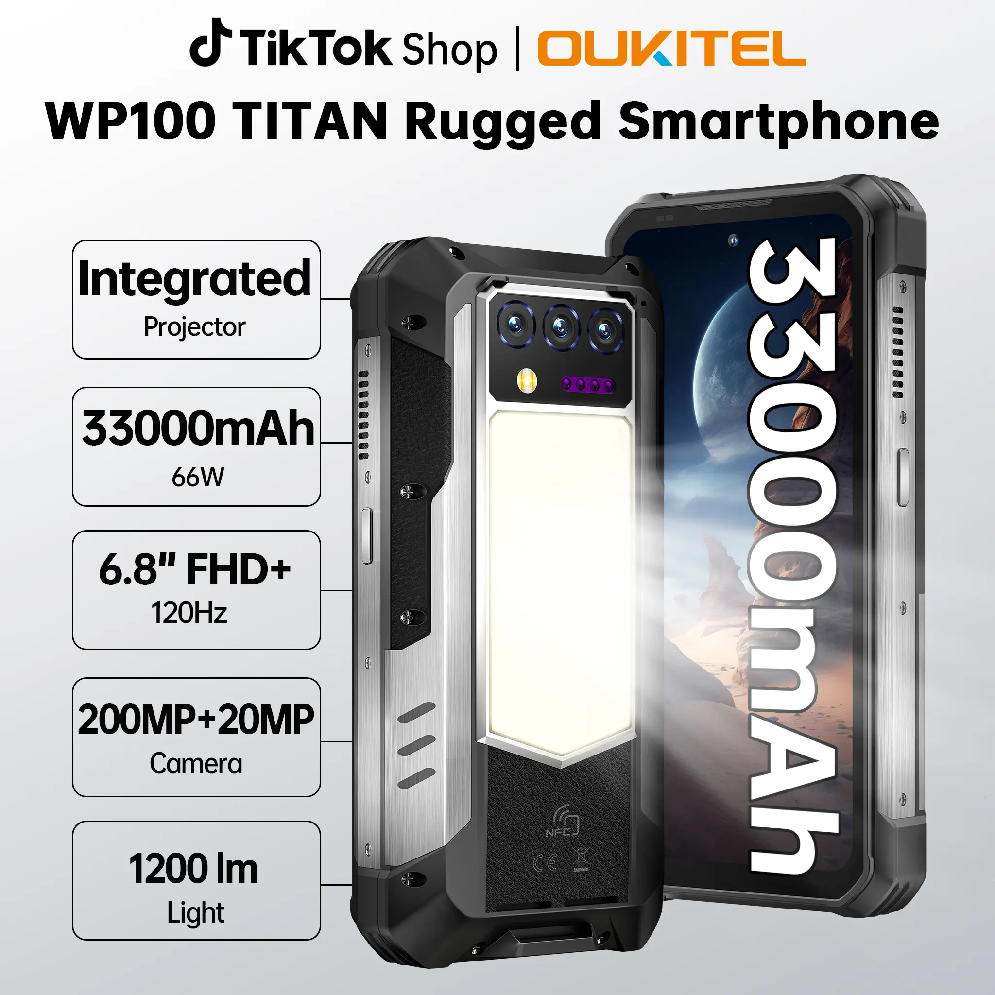 OUKITEL WP100 TITAN Rugged 5G Cellphone - 33000mAh Battery, Projector, 48GB+512GB Unlocked Android Device, 1200 Lumens Camping Light, 6.8'' FHD+120Hz Screen, 200MP Camera, Multi-Camera Mobile Phones Compatible with T-Mobile, Hd Touch Screen Mobile Phones