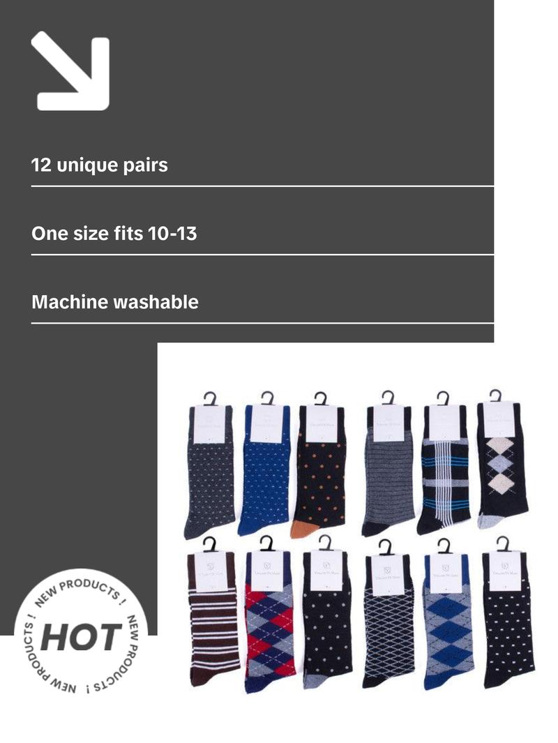 Vincent Di Mani Men’s 12-Pair Assorted Dress Socks – Modern Styles Pack Vincent Di Mani Men’s 12-Pair Assorted Dress Socks – Modern Styles Pack