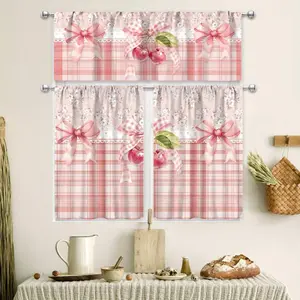 1/2Panel Pink Butterfly Kitchen Curtain Valance Set Cute Sweet Bowknot Cherry Plaid Buffalo Flower Pretty Rod Home Decor Cafe Office Living Room Bedroom Restaurant Decorative