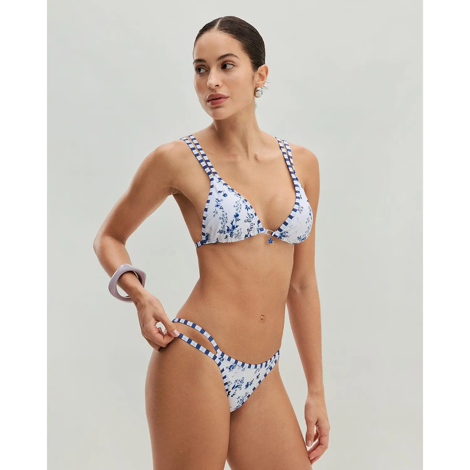 rihoas White Floral 2-Piece Drawstring Triangle Swimwear Set, Plunging Top, Floral Bottom, Polyester for Sports & Outdoor Use, Floral Bikini Bottom