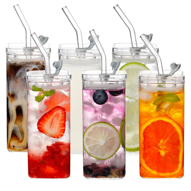 DWTS DANWEITESI 4-Pack Glass Cup and Straw Set - 13oz Portable Square Drinking Glasses for Water, Smoothies, Juices, Coffee & Beer, Stylish Drinkware, Reusable Tumbler Bottles