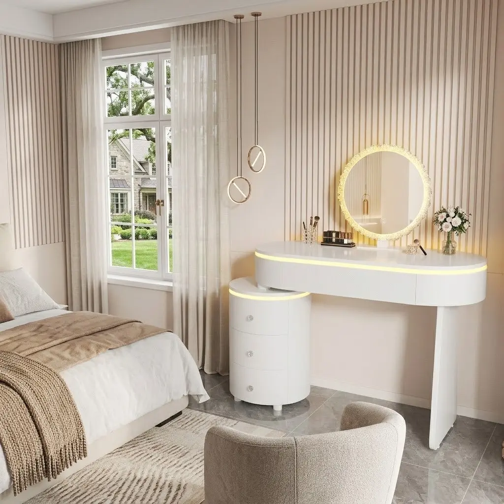 SAVEYOUR Small Compact Bedroom Dressing Table - Vanity Desk with Detachable Mirror, Adjustable Tabletop Length, Reversible Layout Storage Cabinet