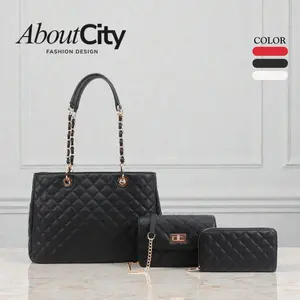 AboutCity Elegant Quilted Women Long Shoulder Bag Set, 3-in-1 Available for Office Lady, Gold Hardware with Vegan Leather, Multi-Function Large Tote