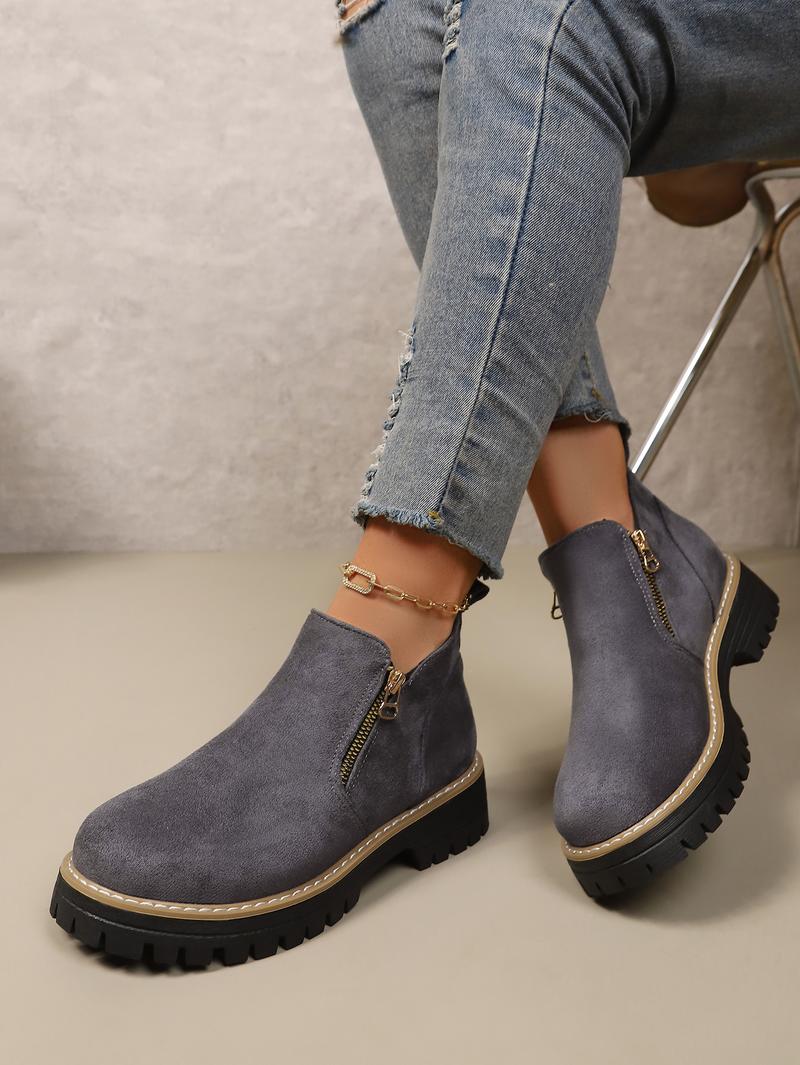 Women's Fashion Thick-sole Ankle Boot Comfortable Slip-Resistant Side-Zip Boots Solid-Color Low-Top Fall/Winter Casual Shoes