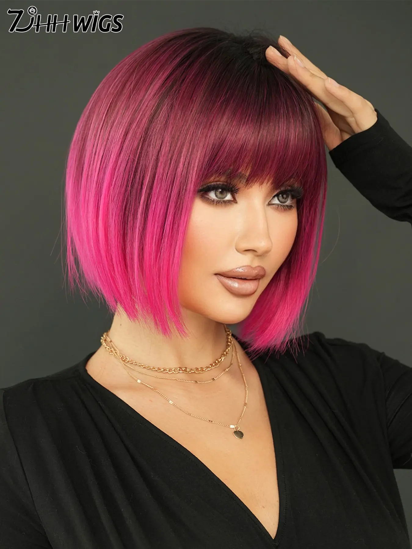12-Inch Rose Ombre Machine-Made Glueless Bob Wig, Hairstyle Wigs, Short Straight Wig with Bangs for Women, Fluffy Synthetic Fiber Wig, Beginner-Friendly for Party or Daily Use, Great Gift for Wife