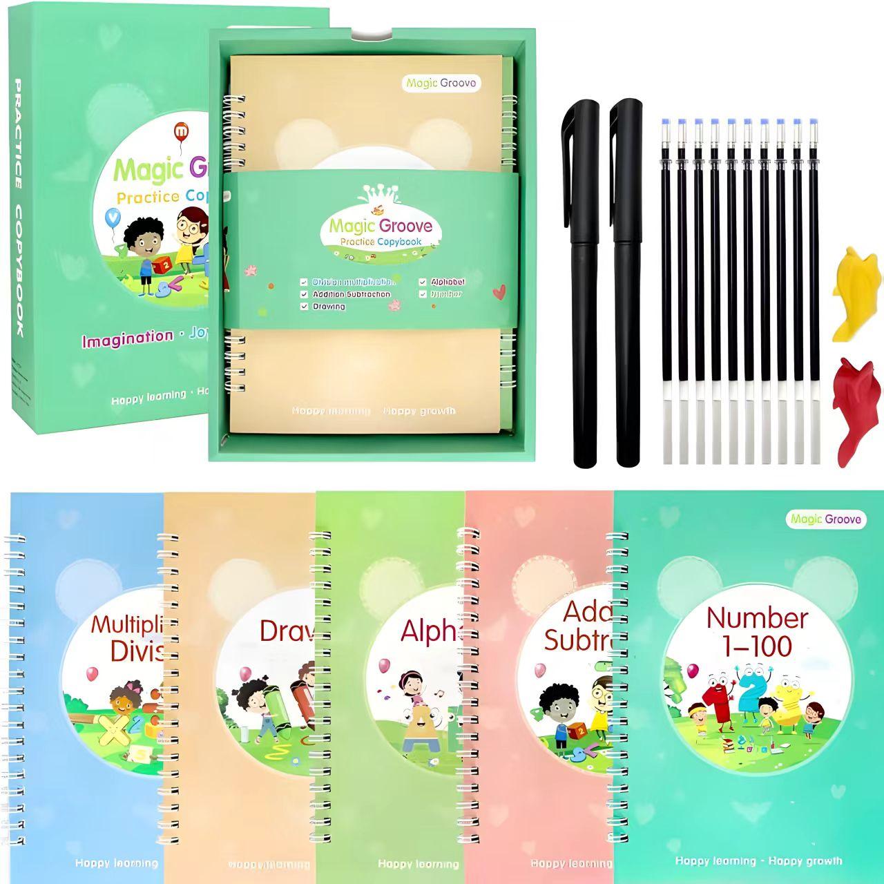 5 PCS Grooved Writing Books for Kids Children Reusable Magic Practice Copy Book Writing Workbook Magic Ink Copy Books for Preschool Tracing Letter Book Grooved Writing Book