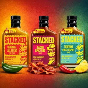STACKED The Warm Up Pack - Original Jalapeño Hot Sauce, Bacon Spicy BBQ Sauce, And Teriyaki Sweet 'N Spicy Sauce - 3-Pack