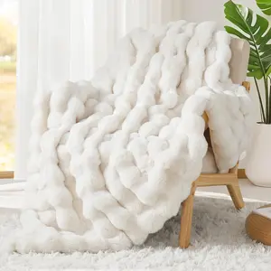 Faux Fur Throw Blanket Ivory Luxury Fluffy Thick Warm Bubble Blanket for Couch Sofa Bed 1000GSM Throw 50"x60"