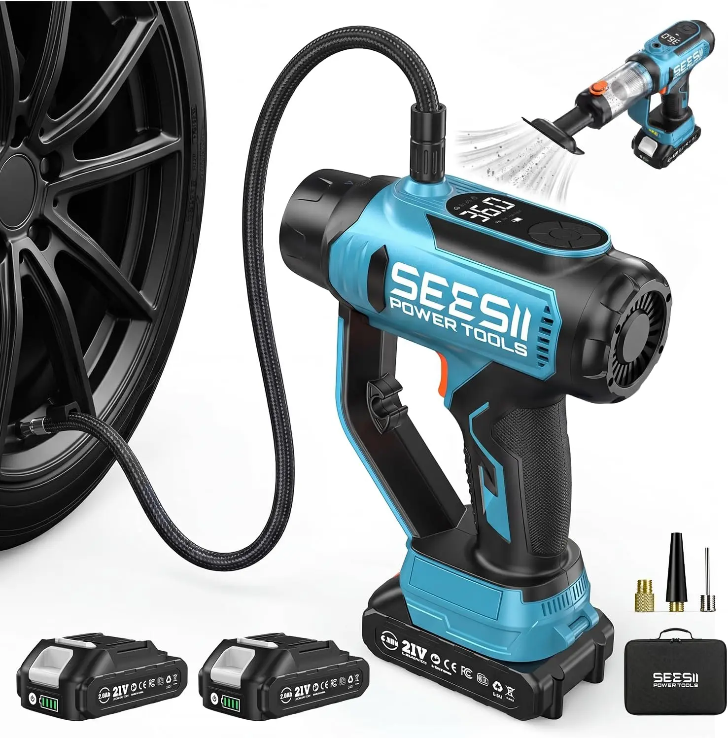 SEESII Portable Car Tire Inflator, 3-in-1 Portable Air Compressor Tire Inflator with Vacuum & LED Light, 150PSI Digital Gauge for Car/SUV/Motorcycle/E-Bike, Light Blue, T7 Max DealsForYouDays