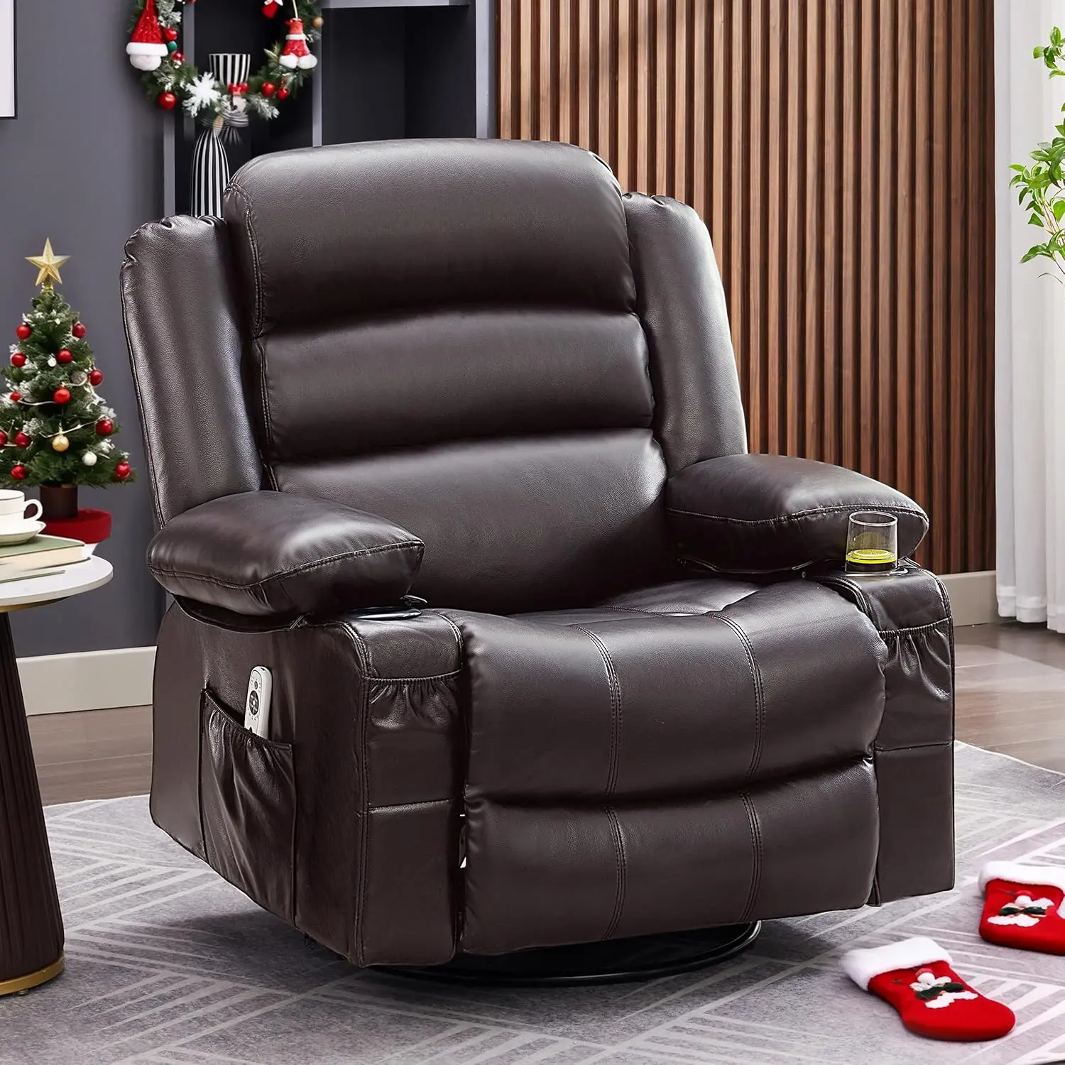 Rocker Recliner Chair with Heat and Massage, 360° Swivel Recliner Chairs for Adults, Oversized Recliner Single Sofa Seat with Cup Holders, Recliner Single Sofa Seat