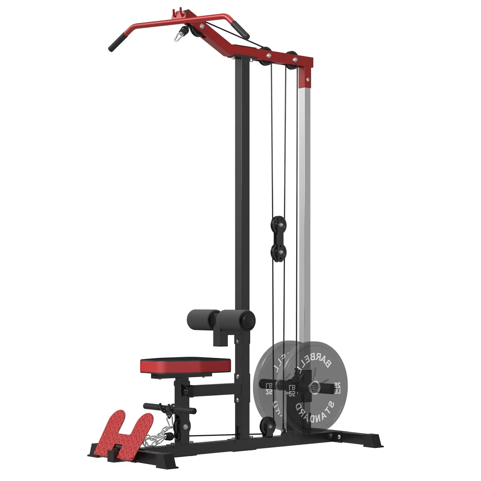 LAT Tower Fitness Equipment with Lat Pull Down, Lat Row, High & Low Pulley Station, Flip-Up Footplate, and AB Crunch Harness for Home Gym Barbell Clamps
