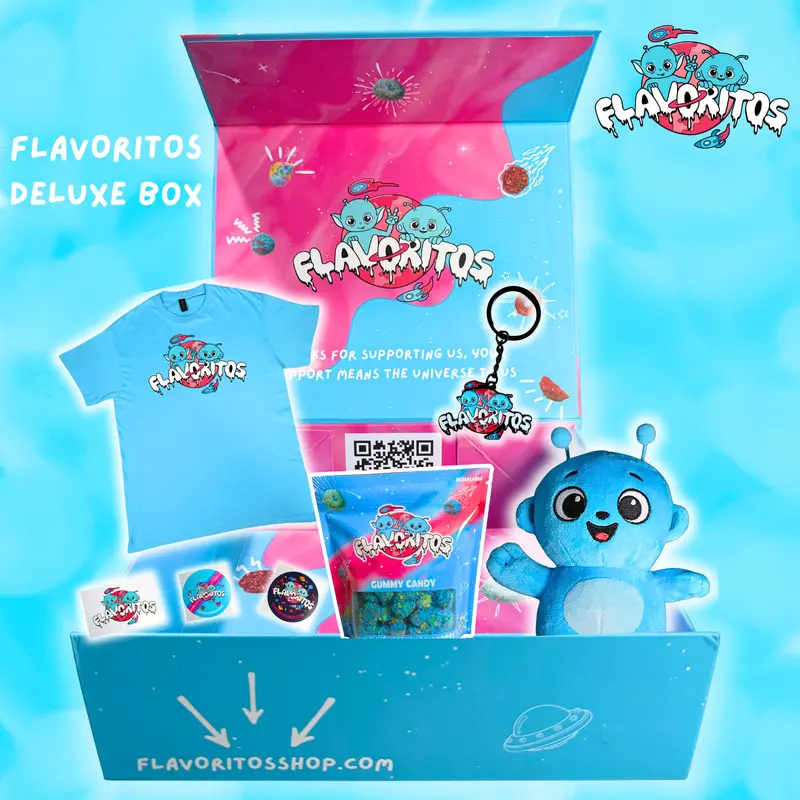 Flavoritos Deluxe Box - Ultimate Flavor Experience with T-Shirt, Stickers, Plushie & Candy Bags - Perfect for Holidays Birthdays or Self-Treatments