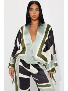 Missed You Pant Set - Sage/Combo Long Sleeve Top V Neck Wide Leg Pant with Button & Zipper Closure Pockets Stretch 97% Polyester 3% Spandex