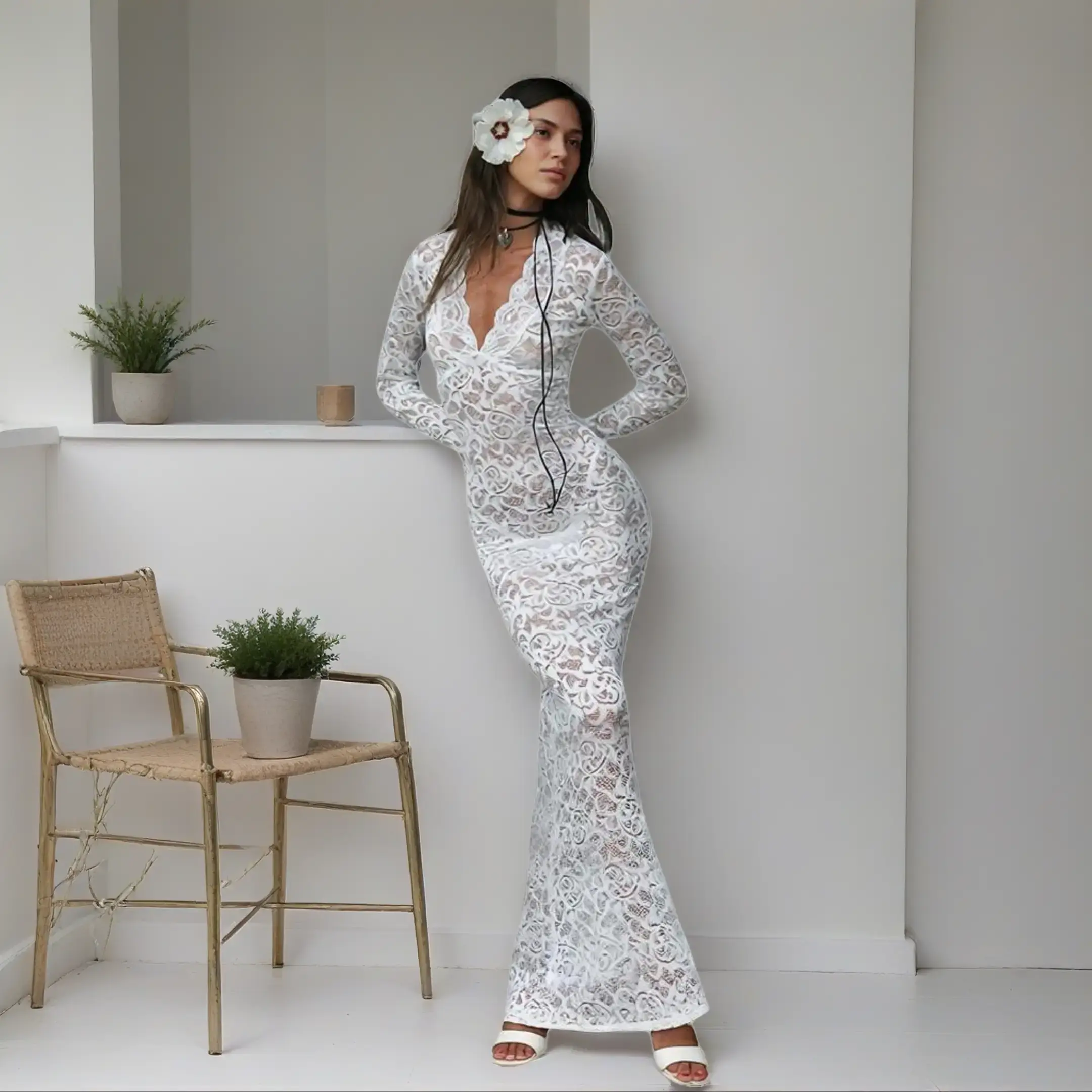 LikeMyChoice Romantic Lace Crochet Beach Cover-up Elegant Sheer Floral Maxi  Dress for Swimwear Sexy Long Sleeve See-Through Vacation sea fancy swimsuit  casual fashion chic tie - TikTok Shop