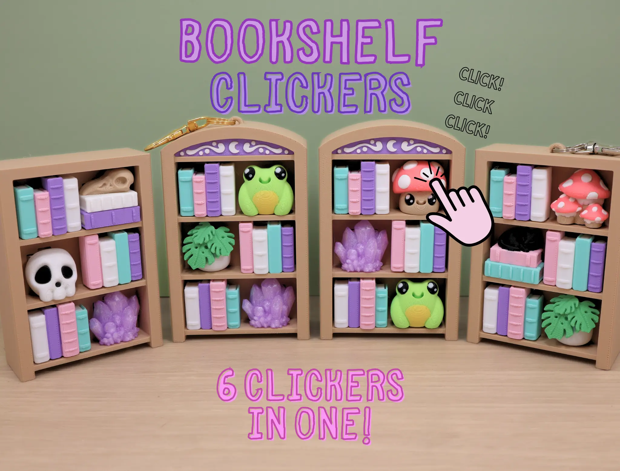 3D Printed Large Bookshelf Six Clickers Fidget