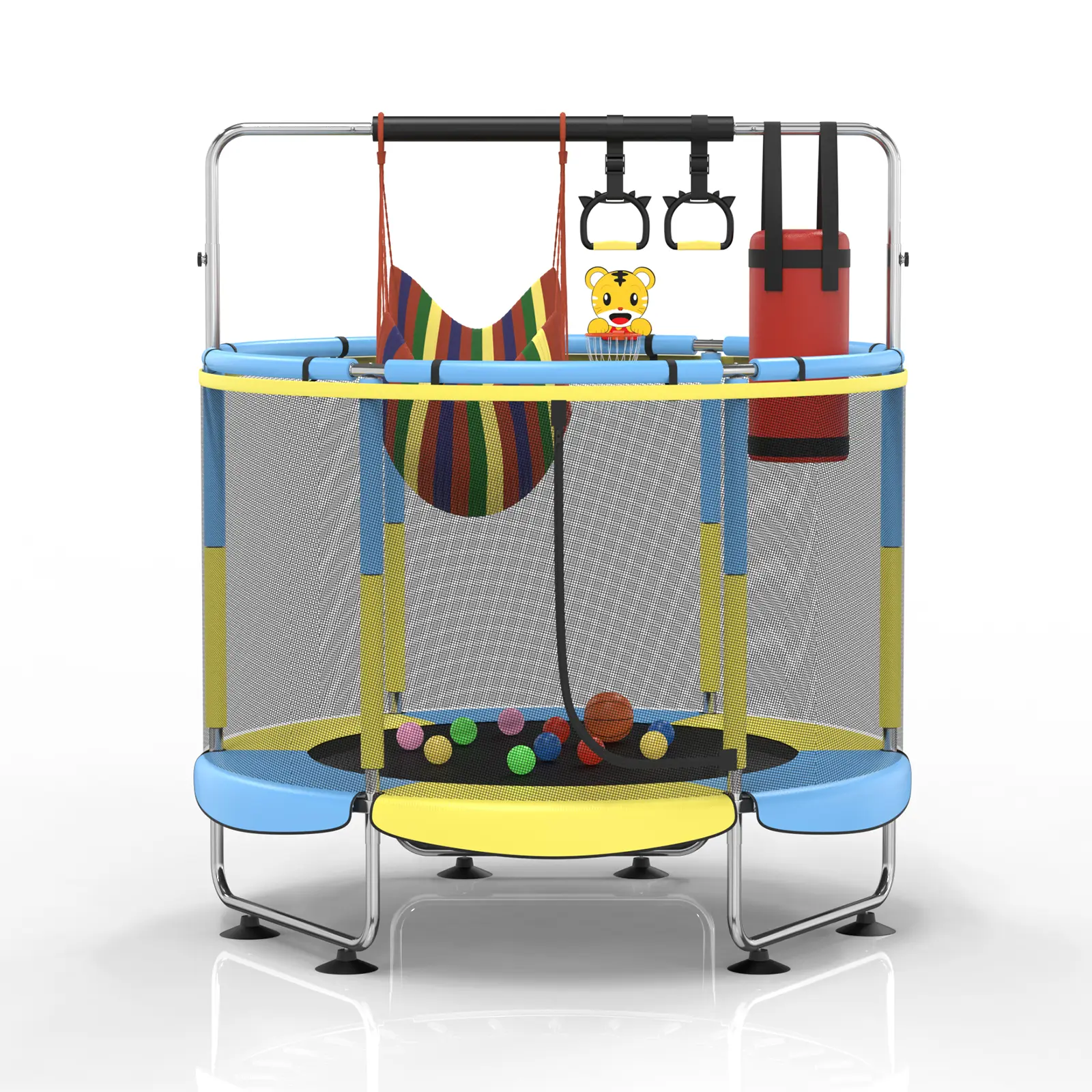5Ft Leisure Trampoline with Adjustable Gymnastics Pole, Gymnastics Circle, Thick Net & Anti-Tip Cups, Indoor/Outdoor Trampoline Workout Equipment for Kids That Grows with Child