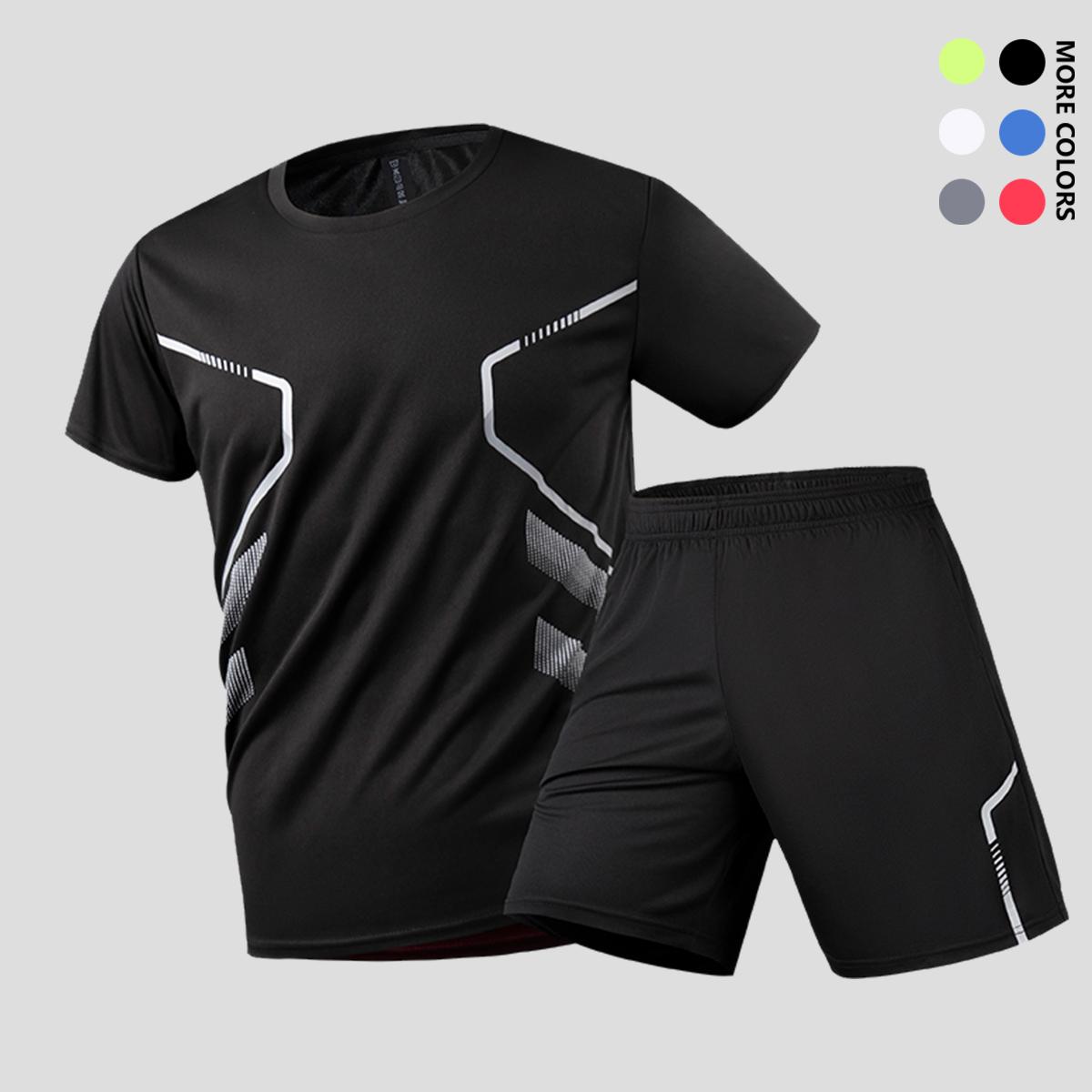 Men's spring/summer two-piece running set made with moisture-wicking, breathable, quick-dry fabric (short-sleeve shirt and shorts).Perfect for gym workouts, outdoor basketball, hiking, and mountain climbing.
