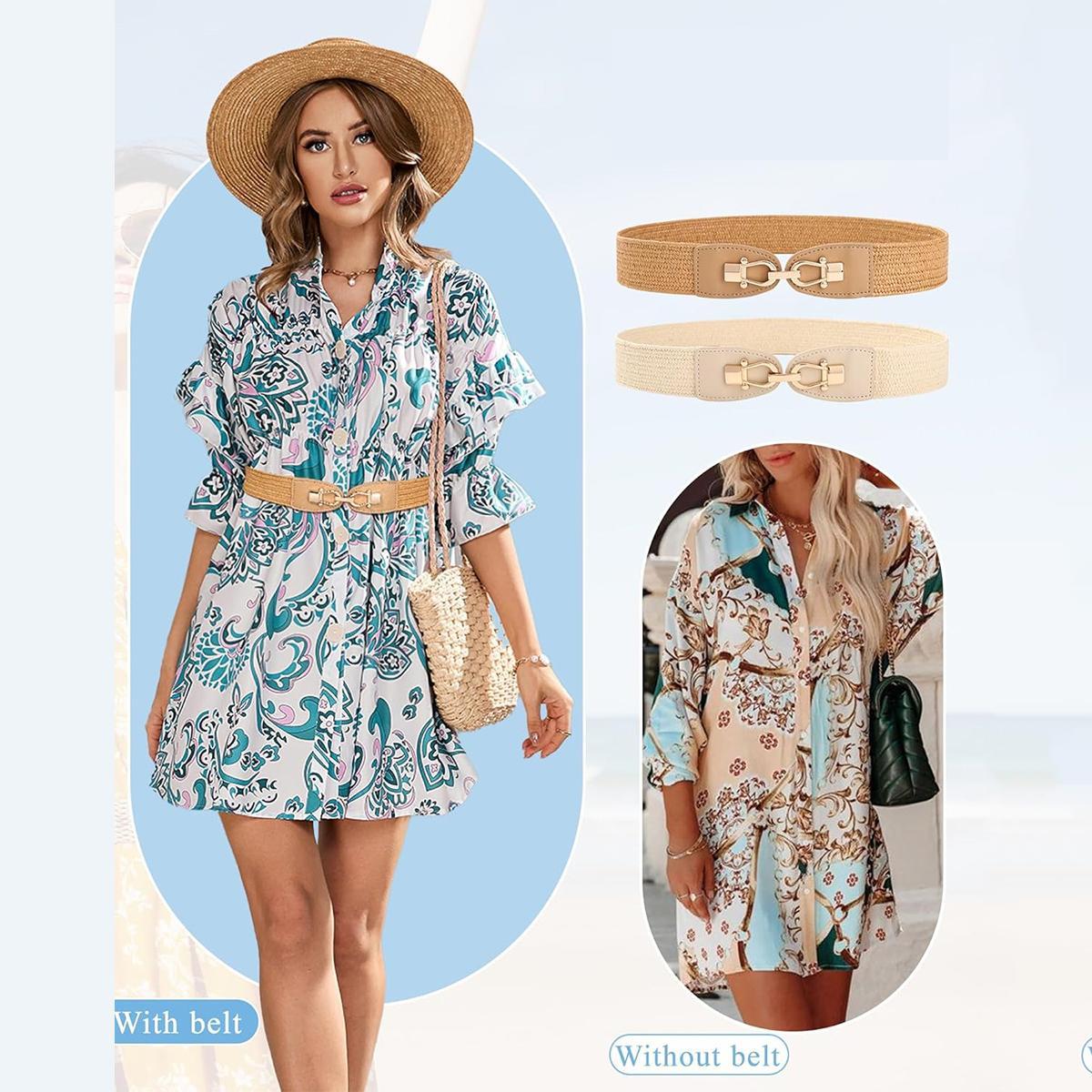 2-Piece Set Women Straw Belt Elastic Waist Metal Buckle Breathable Elegant Boho Braided Belt for Dress Casual 2-Piece Set Women Straw Belt Elastic Waist Metal Buckle Breathable Elegant Boho Braided Belt for Dress Casual