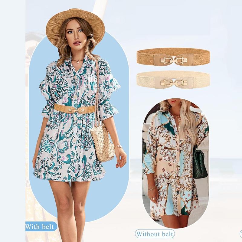 2-Piece Set Women Straw Belt Elastic Waist Metal Buckle Breathable Elegant Boho Braided Belt for Dress Casual 2-Piece Set Women Straw Belt Elastic Waist Metal Buckle Breathable Elegant Boho Braided Belt for Dress Casual