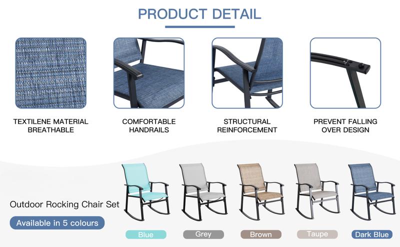 Walsunny 3 Pieces Big Bistro Rocking Chair Set, Outdoor Patio Furniture set with 2 Rocking Chairs and 1 Coffee Table for Balcony, Pool, Camp, Lawn, Deep Blue