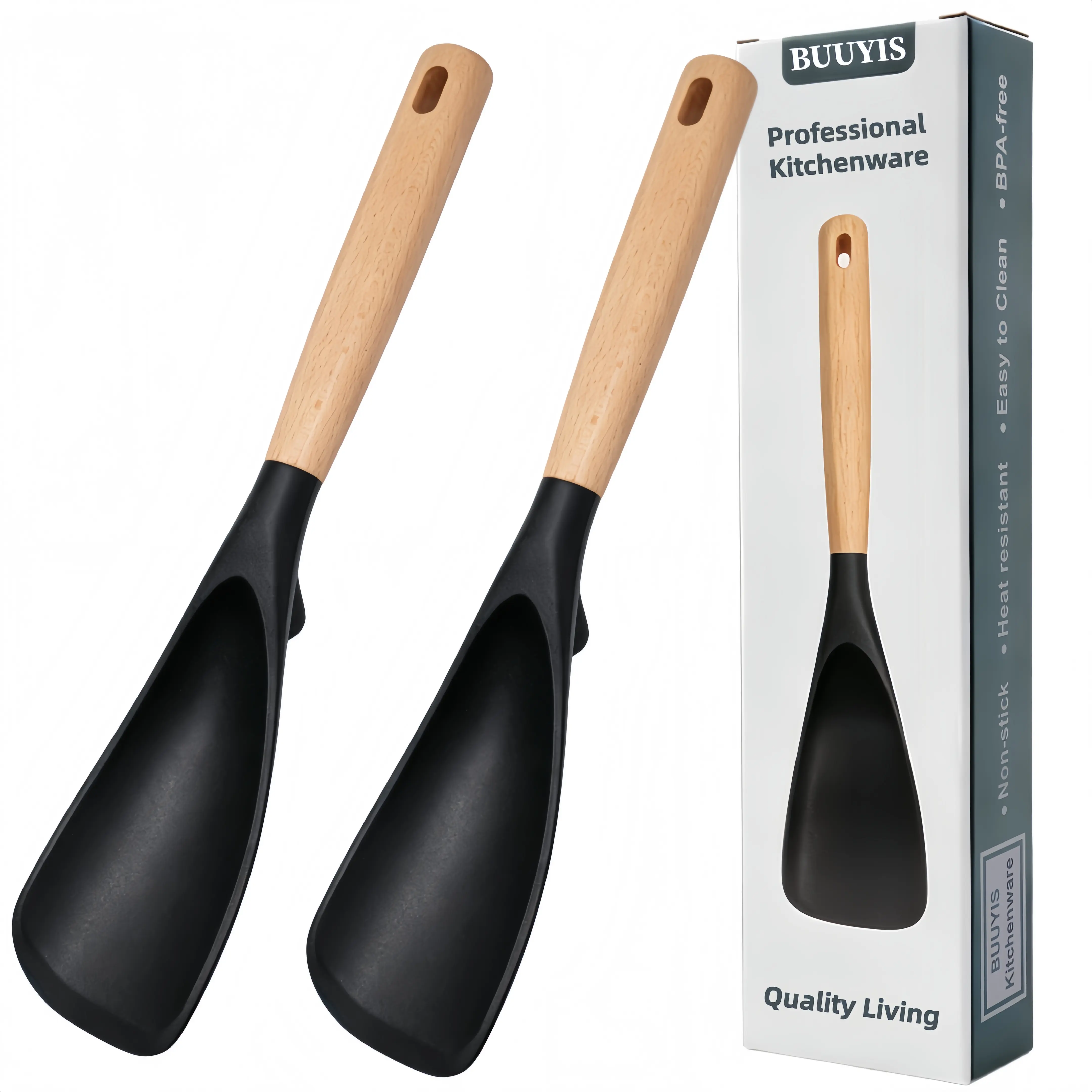 Silicone Cooking Spoon with Wooden Handle - 13.2-in 1-Piece BPA-Free Matte Extended Kitchen Utensil, Food Grade Heat Resistant Kitchen Supplies for Prolonged Cook, with Integrated Rest for Stirring, Scraping (Flat Spoon Spatulas & Turners, All Seasons)