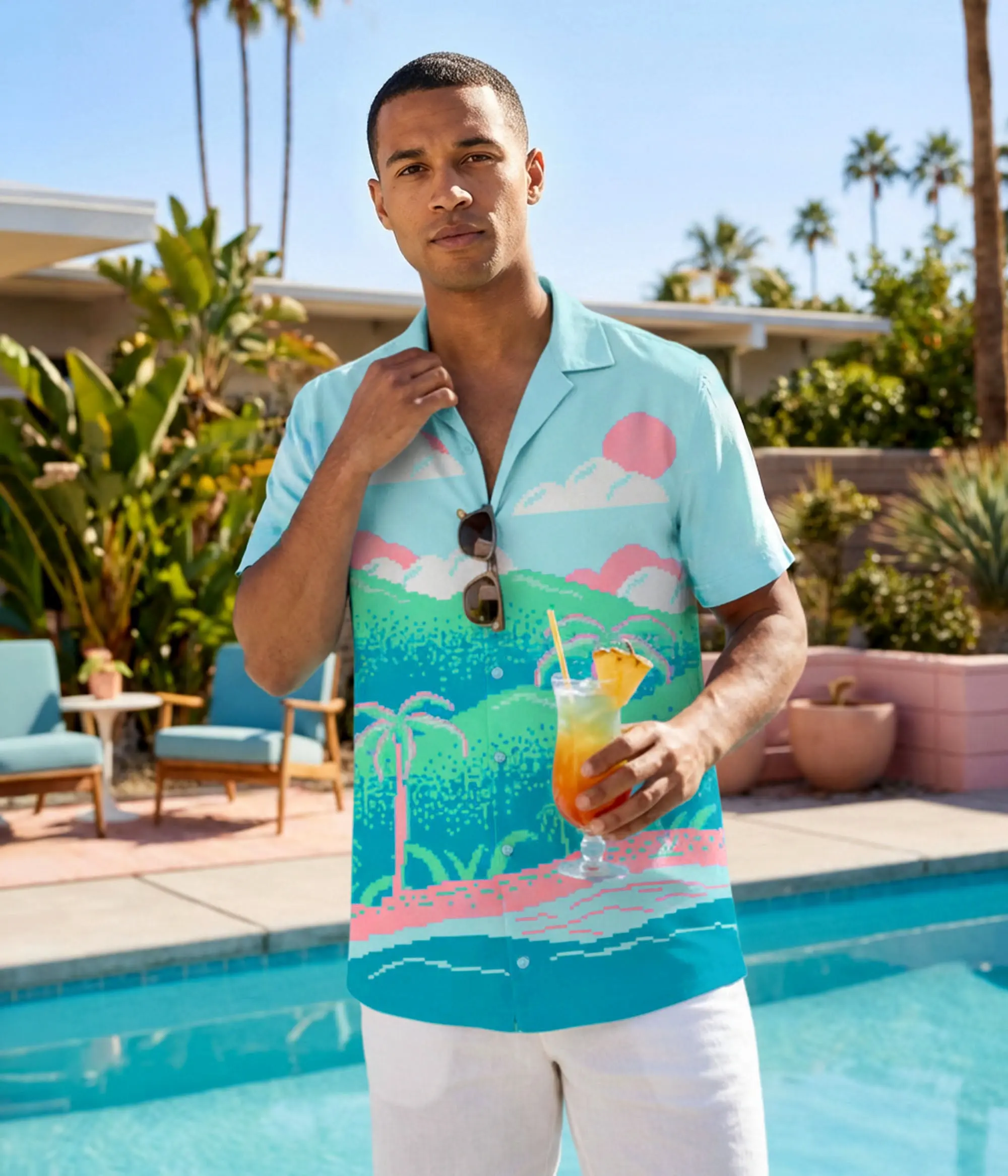 Men's Tropical Cabana Shirt, Retro 8-Bit Pixelated Print Button Down, Short Sleeve Pastel Vacation Top, Menswear, Shortsleeve, Wave