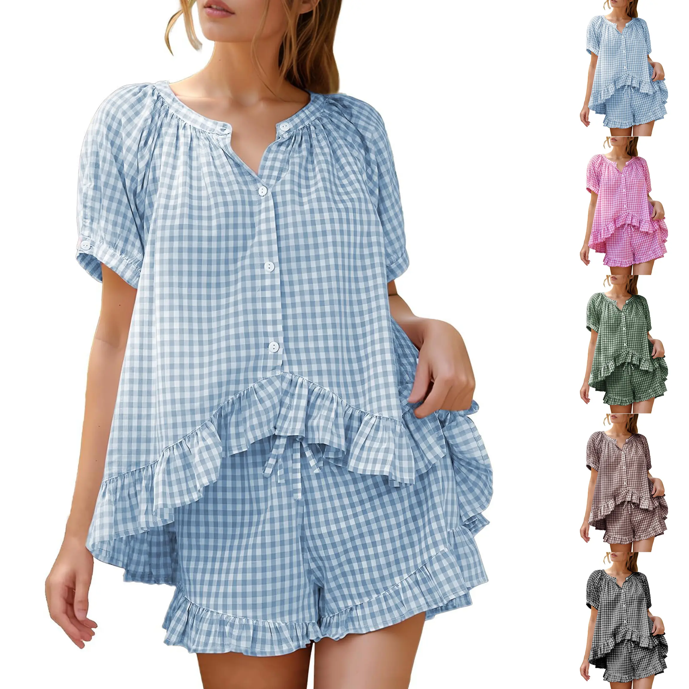 Buenoble Women’s Gingham Pajama Set Cute Ruffle Shorts Lounge Set Soft Button Down Sleepwear Summer Matching Set