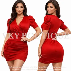 Ruched Puff Sleeve Wrap Dress with V-Neckline Design TS