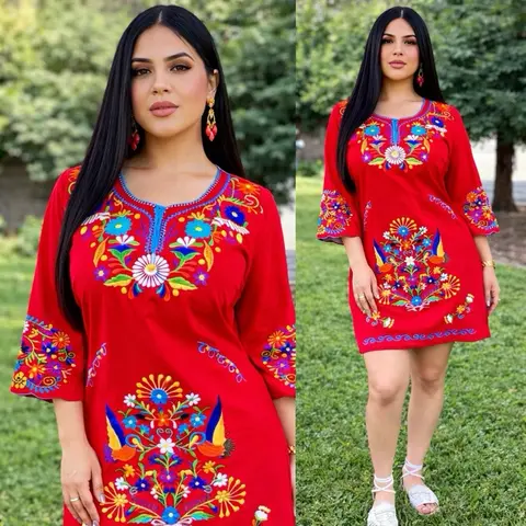 Yasmin Dress ~ 3/4 Sleeve Dress  Small - 3XL, Mexican Floral Embroidered Women’s Dress with Adjustable Waist, Casual Summer Wear - Womenswear, Comfort, Traditional Everyday